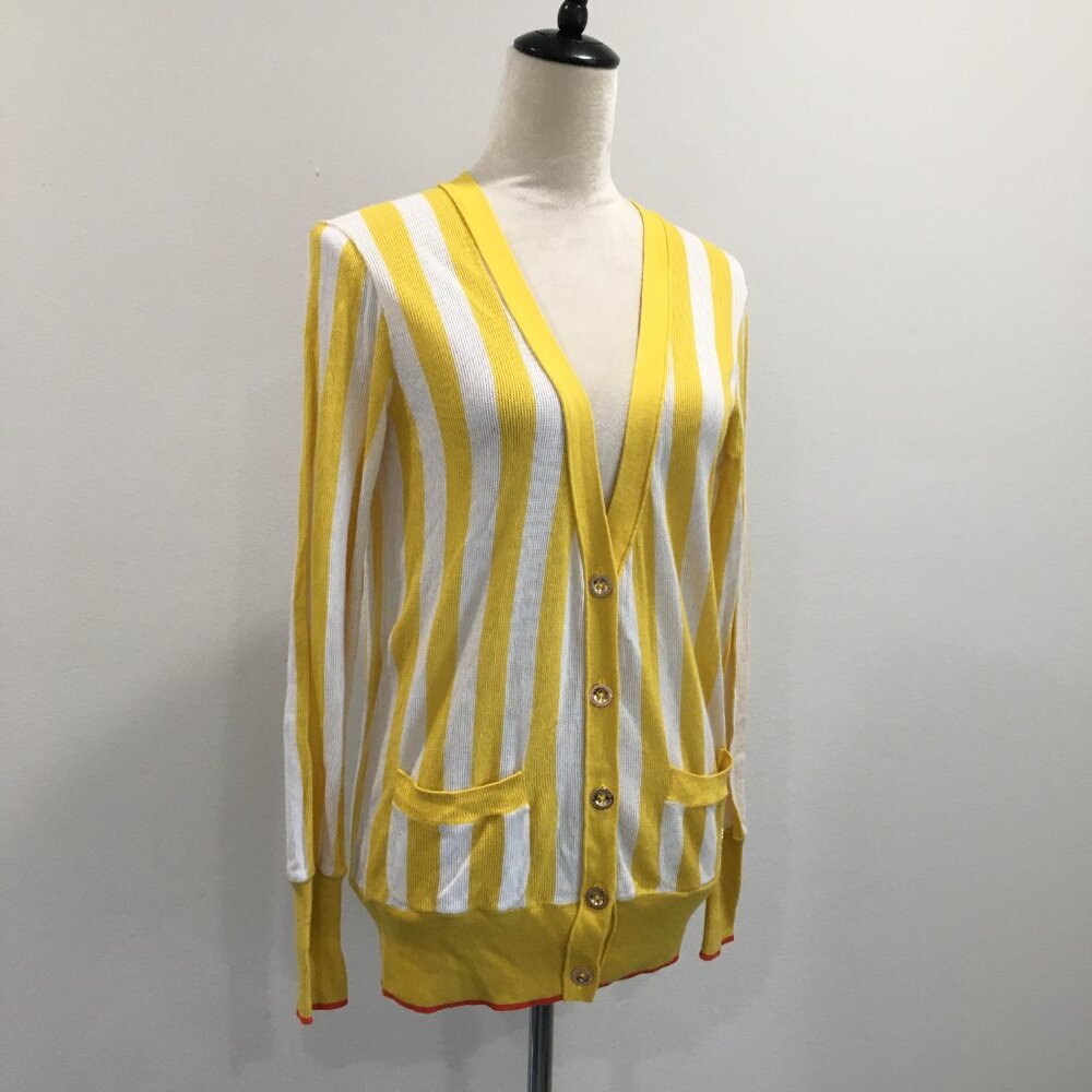 JUICY COUTURE Yellow White Striped Cashmere Blend Knit Gold Logo Button Cardigan
